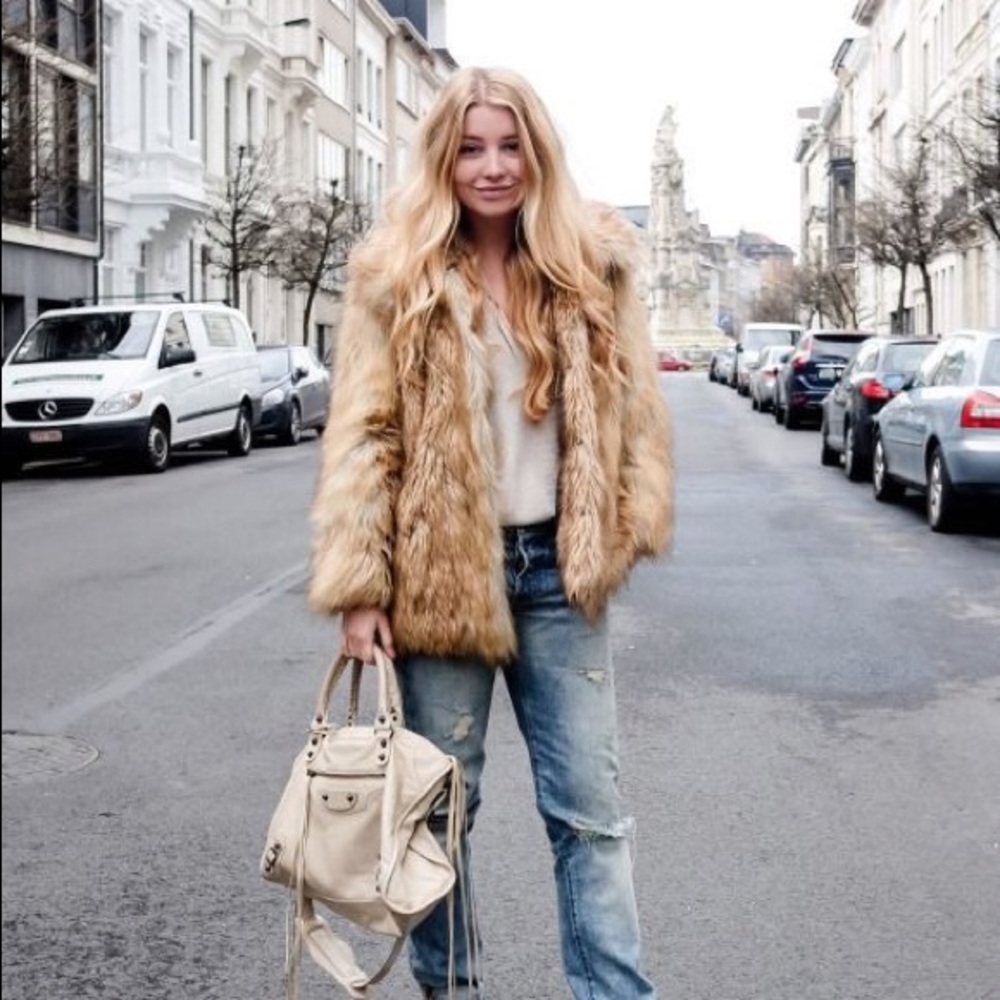 Free People Faux Fur Tan & Cream Pea Coat